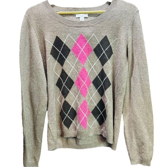 CHARTER CLUB 100 Cashmere Argyle Crew Neck Brown Pink Sweater  Size L - Picture 1 of 1